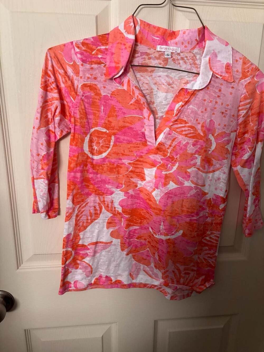 Before + Again Pink & Orange Floral Burn-out Polo Shirt Size S